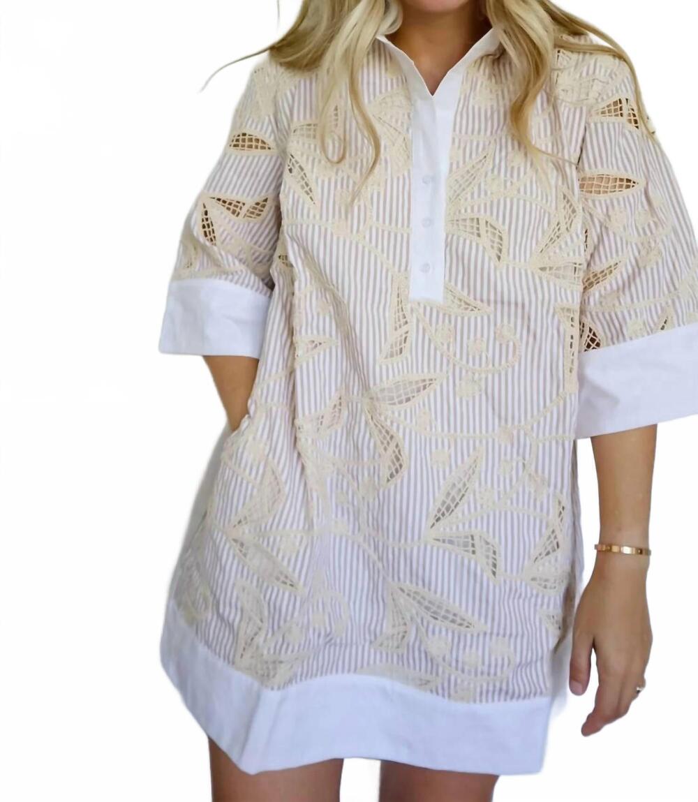 NEW LALAVON women's brianne floral embroidery contrast shirt dress in tan